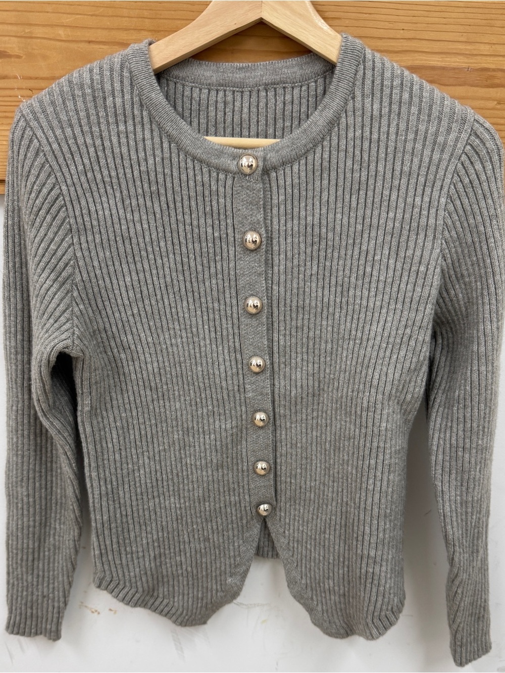 Commense Grey Ribbed Button-Front Cardigan with Gold Buttons